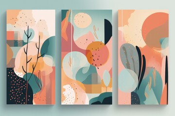 a set of three abstract paintings on a wall, generative AI