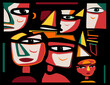 Colorful background, cubism art style,composition of abstract colorful faces on brown background