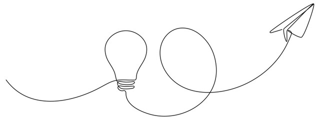 Poster - lightbulb with flying paper plane continuous line drawing. idea conceptual symbol. vector illustrati