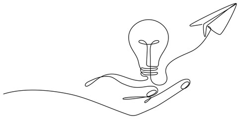 Poster - hand holding light bulb and paper plane continuous line drawing. vector illustration isolated on whi