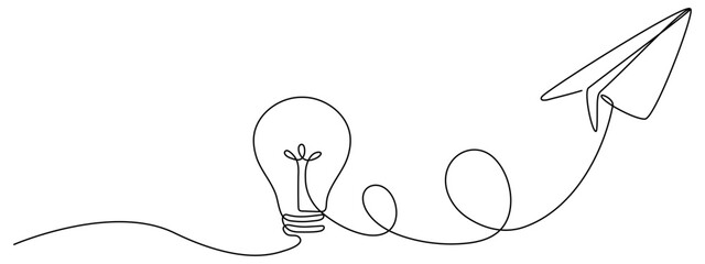 Poster - lightbulb with flying paper plane continuous line drawing. idea conceptual symbol. vector illustrati