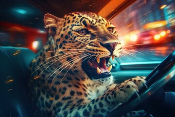 Wall Mural - A leopard driving a car close-up. Generative AI