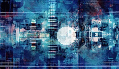 Poster - Illustration vector abstract wave pattern and dynamic grid line on dark blue background. Modern futuristic design for background or wallpaper. Digital cyberspace, high tech, technology concept