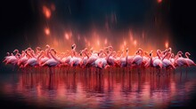  A Group Of Pink Flamingos Standing In A Row In The Water.  Generative Ai