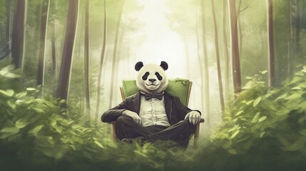  a panda bear sitting in a chair in the middle of a forest.  generative ai