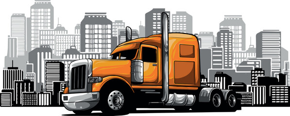 vector illustration of semi truck on city in background