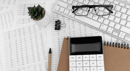Poster - Calculator, keyboard, magnifying glass, pen, eye glasses lying on financial statement.
