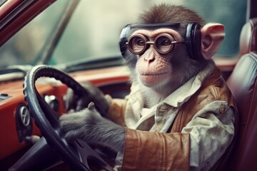 A monkey driving a car, close-up. Generative AI