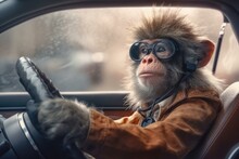A Monkey Driving A Car, Close-up. Generative AI