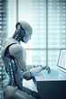 Robot working at computer. Maschine typing on keyboard in office. IT team of future. Futuristic worker. Humanoid work at call center. Support job. Selling concept. Technologies. Generative AI