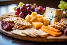 Cheese Platter With Various Types Of Cheese, Grapes, And Crackers
