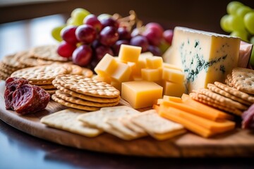 cheese platter with various types of cheese, grapes, and crackers