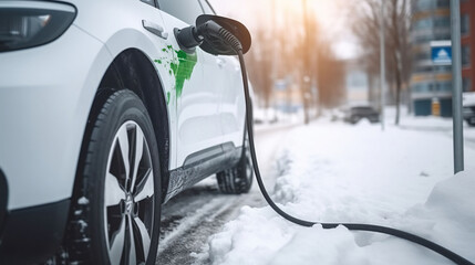 Electric car charging battery in winter - vehicle, power and green energy concept. Generative AI