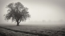  A Lone Tree In A Field On A Foggy Day.  Generative Ai