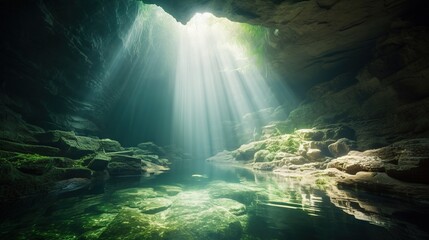  a light shines into a cave filled with green moss.  generative ai