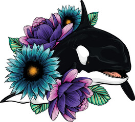 Sticker - vector illustration of killer whale with flower