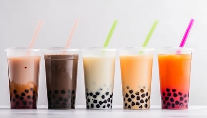 Wall Mural - Boba Bubble Teas in Tall Glasses with Colorful Straws on White Background Generative AI