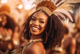 Samba, music and dance with woman at carnival for celebration, party and festival in Rio de Janeiro. Summer break, show and creative with brazil girl for performance
