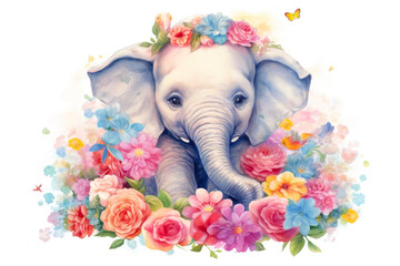Poster - drawing baby elephant with flowers isolated on white background. Generated by AI.