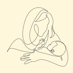 Poster - Mothers Day line art. Solid line,continuous one line drawing. Mother holding her baby . Continuous line art vector.Happy Mothers Day concept.