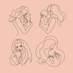 Poster - Abstract mother with a child in continuous one line drawing art style. Mother`s Day card. Woman hugging her baby. Happy motherhood concept. Modern vector illustration