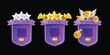3D game frame UI background shield, vector victory player award, winner level up menu board, stars. Cartoon magic mobile app achievement banner kit, golden cup, wings. Game frame reward prize medal