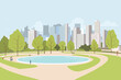 City park lawn and trees, small pond or fountain and abstract people figure. Flat style vector. On background business city center with skyscrapers. Green park vegetation in center of big town.