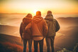 © artsterdam - Group of friends hug each other and look into the distance at the valley and the orange sunset. Friends watching the sunset standing on a hill. Generative AI