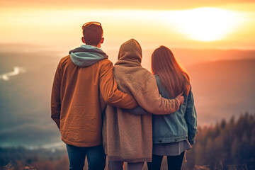 Group of friends hug each other and look into the distance at the valley and the orange sunset. Friends watching the sunset standing on a hill. Generative AI