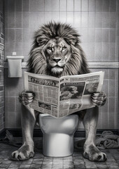 Lion sit on the toilet, leo sitting on the potty, restroom humor,
black and white