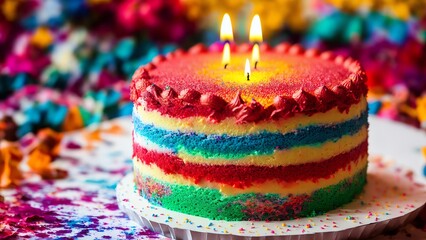 Wall Mural - Birthday Cake With Candles. Watercolour. Generative AI