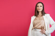 businesswoman stylish and elegant, modern business portrait on a bright background, Brunette in a white jacket