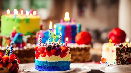 Wall Mural - Birthday Cake With Candles. Watercolour. Generative AI