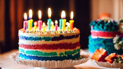 Wall Mural - Birthday Cake With Candles. Watercolour. Generative AI