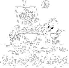 Wall Mural - Birthday card with a little chick painter drawing a beautiful bouquet of summer flowers on an easel with a paintbrush, paints and pencils, black and white outline vector cartoon illustration
