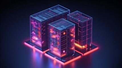 3D rendering of a server room featuring a data design element for node-based programming. GENERATE AI