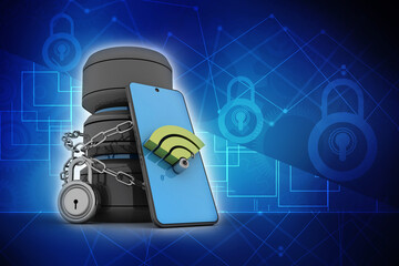 Poster - 3d rendering Transmitter mobile WiFi near database protection lock

