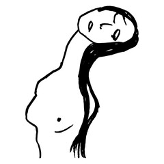 Wall Mural - Pretty naked girl with closed eyes and loose hair. Dreaming lady. Hand drawn linear doodle rough sketch. Black silhouette on white background.