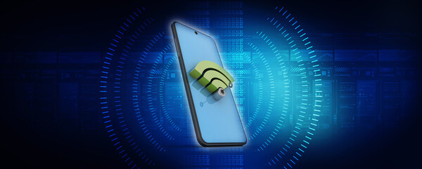 Poster - 3d rendering Transmitter mobile WiFi near database protection lock