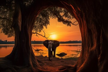 Wall Mural - Elephant with trunk up at sunset in Sri Lanka. Generative AI