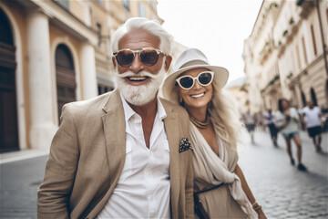 happy trendy retired couple in sunglasses, senior elderly rich tourists on the street, fashionable o