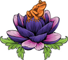 Vector Illustration Of Frog Sits On A Water Lily Flower