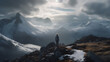 Landscape illustration of a man with his back on top of a mountain looking at snow-capped mountains in the clouds. Ai generative