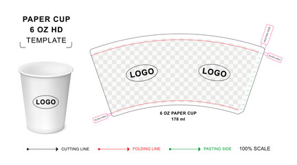 Wall Mural - Paper cup die cut template for 6 ounce Hot Drink with 3D blank vector mockup for food packaging