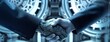 © RZ Design - two people in suits shaking hands in front of other background, man and robot, in the style of futurist elements, technological, business man
