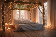 An enchanted forest bedroom with twinkling fairy lights
