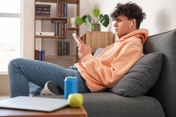 Poster - Male student studying with tablet computer on sofa at home