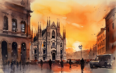 duomo di milano sunset watercolour Generative AI