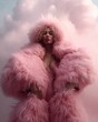 Luxurious futuristic girl woman posing in a fur coat with explosion of pink smoke and feathers. Generated AI.