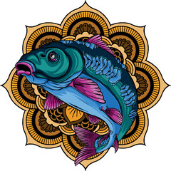 Sticker - vector illustration of carp fish on Mandala round pattern